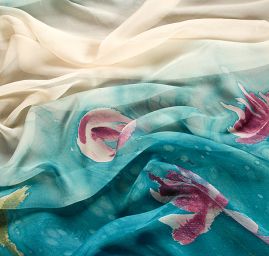 Jemný šifon bordura akvarel květy tyrkysový