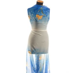 Jemný šifon bordura akvarel květy modrý