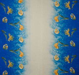 Jemný šifon bordura akvarel květy modrý