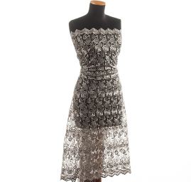 Krajka výšivka na tylu květy ocelově šedá