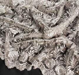 Krajka výšivka na tylu květy ocelově šedá