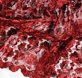 Krajka výšivka na tylu růže vínová