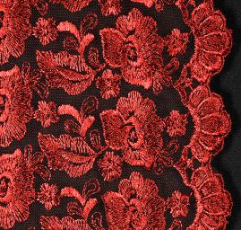 Krajka výšivka na tylu růže vínová