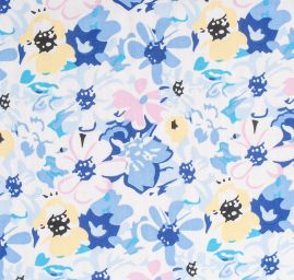 Viskozová šatová látka květy louka modrožlutá