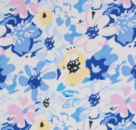 Viskozová šatová látka květy louka modrožlutá