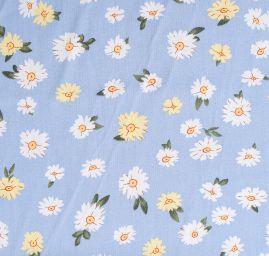 Viskozová šatová látka květy žlutobílé na modré