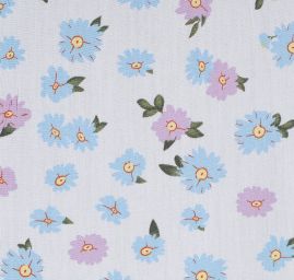 Viskozová šatová látka květy fialovomodré na bílé