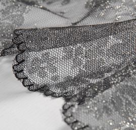 Efektní pružná krajka černostříbrná květinový motiv