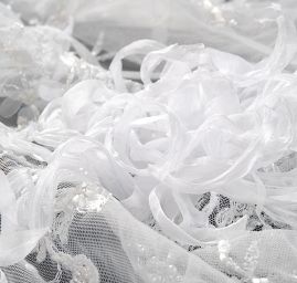 Krajka vyšívaný tyl se stužkovou aplikací/korálky/flitry