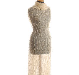 Šifon hedvábí se stužkovou aplikací a perličkami