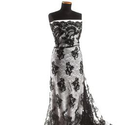 Krajka výšivka na tylu romantický vzor černá