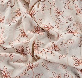 Len výšivka vzor květin hnědobéžový