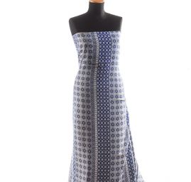 Viskozová šatová látka ornament/proužky modrá