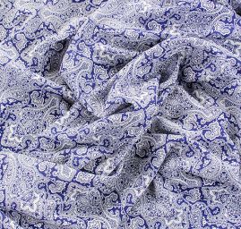 Viskozová šatová látka ornament modrá/bílá