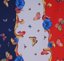 Hodvábny krepdešín tlač motýle červená / modrá / biela