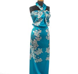 Hedvábný satén květinový motiv tyrkysový