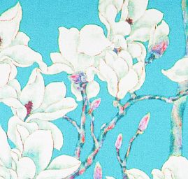 Hedvábný satén květinový motiv tyrkysový