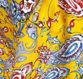 Viskozová šatová látka tisk orientální vzor okrová