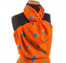 Viskózová látka vzor květy oranžová