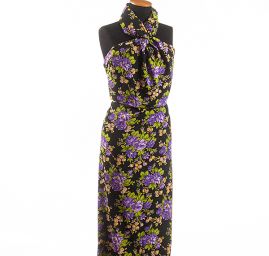 Krepdešín letní látka květinový vzor černá/fialová