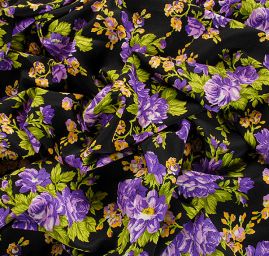 Krepdešín letní látka květinový vzor černá/fialová