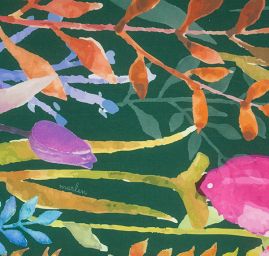 Žoržet šatový pružný bordura květy tm.zelený