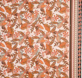 Šatová látka imitace hedvábí květinový vzor skořice