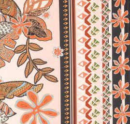 Šatová látka imitace hedvábí květinový vzor skořice