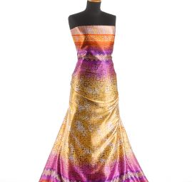 Satén nepružný motiv ornament fialovožlutý