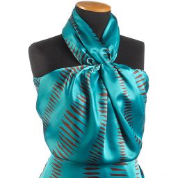 Satén nepružný geometrický motiv tyrkysový/hnědý