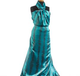 Satén nepružný geometrický motiv tyrkysový/hnědý