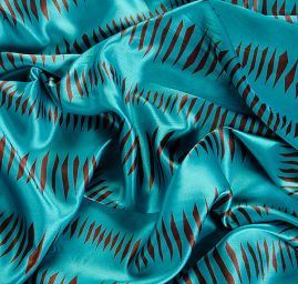 Satén nepružný geometrický motiv tyrkysový/hnědý