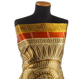 Satén nepružný motiv ornamentu žlutý/hnědý