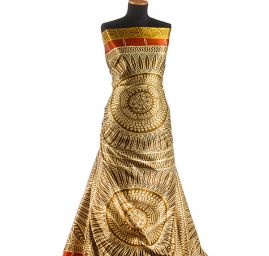 Satén nepružný motiv ornamentu žlutý/hnědý