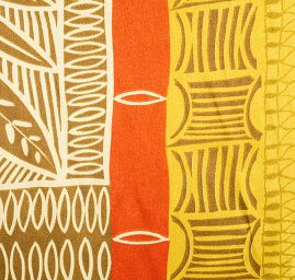 Satén nepružný motiv ornamentu žlutý/hnědý