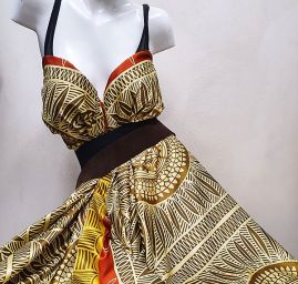 Satén nepružný motiv ornamentu žlutý/hnědý