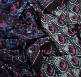 Krepdešín imitace hedvábí tisk paví pera