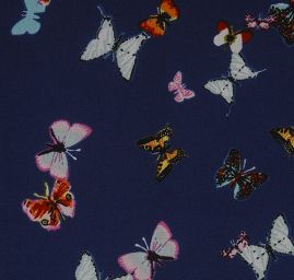 Šifon jemný se vzorem motýlků tmavě modrý