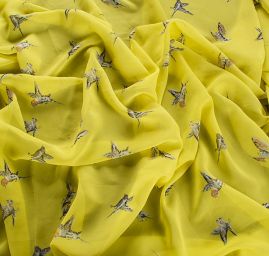 Šifon jemný se vzorem ptáčků žlutozelený