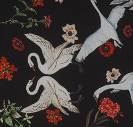 Šifon jemný se vzorem labutí a květin černý