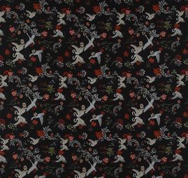 Šifon jemný se vzorem labutí a květin černý