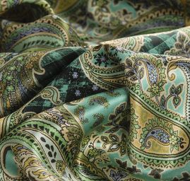 Hedvábný atlas pružný paisley vzor v zelenotyrkysové
