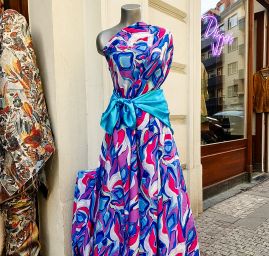 Viskozová šatová látka retro decor modrá