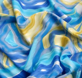 Viskozová šatová látka motiv tahy štětcem modrá