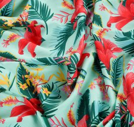 Viskozová šatová látka tropické květy zelená