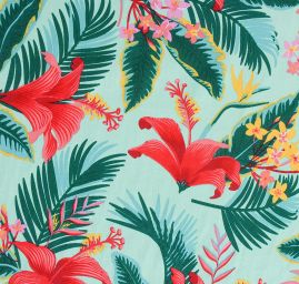 Viskozová šatová látka tropické květy zelená