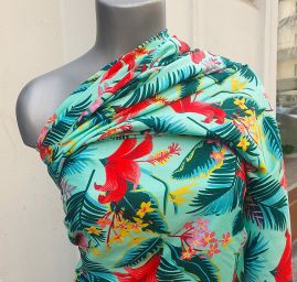 Viskozová šatová látka tropické květy zelená