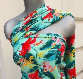 Viskozová šatová látka tropické květy zelená