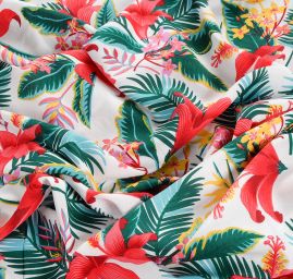 Viskozová šatová látka tropické květy bílá