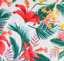 Viskozová šatová látka tropické květy bílá